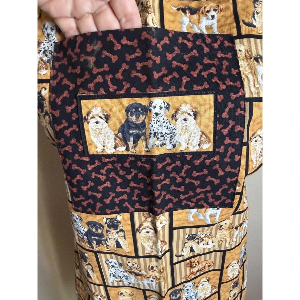 Handmade Unisex OS Apron Tan Brown Dog Breed Puppy Print Bone Pattern Pocket‎